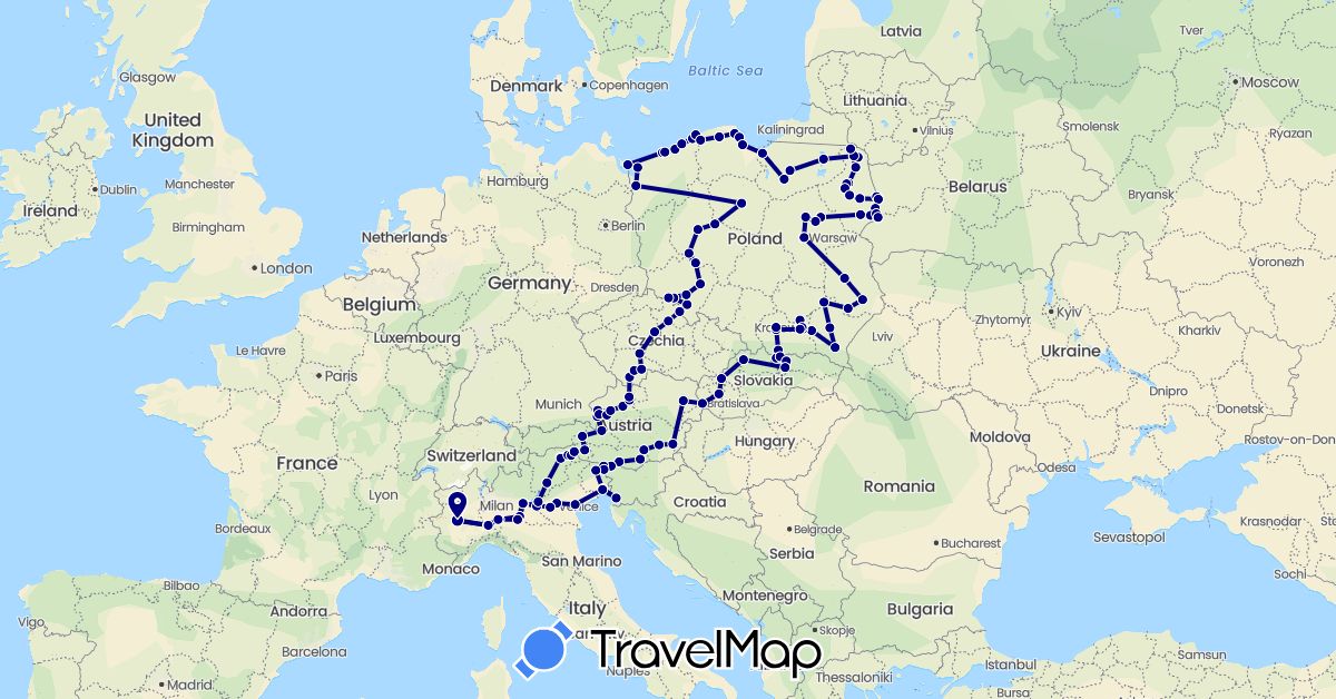 TravelMap itinerary: driving in Austria, Czech Republic, Italy, Poland, Slovakia (Europe)